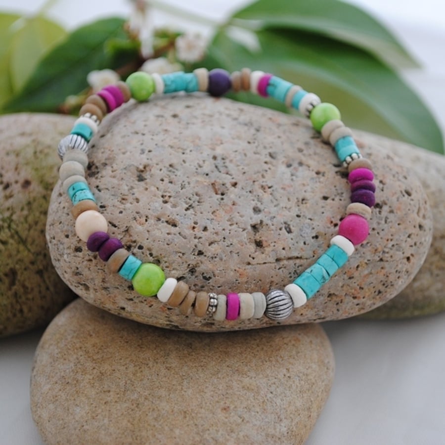 Turquoise heishi purple & fuchsia howlite stretch bracelet-boho, beach & surfer