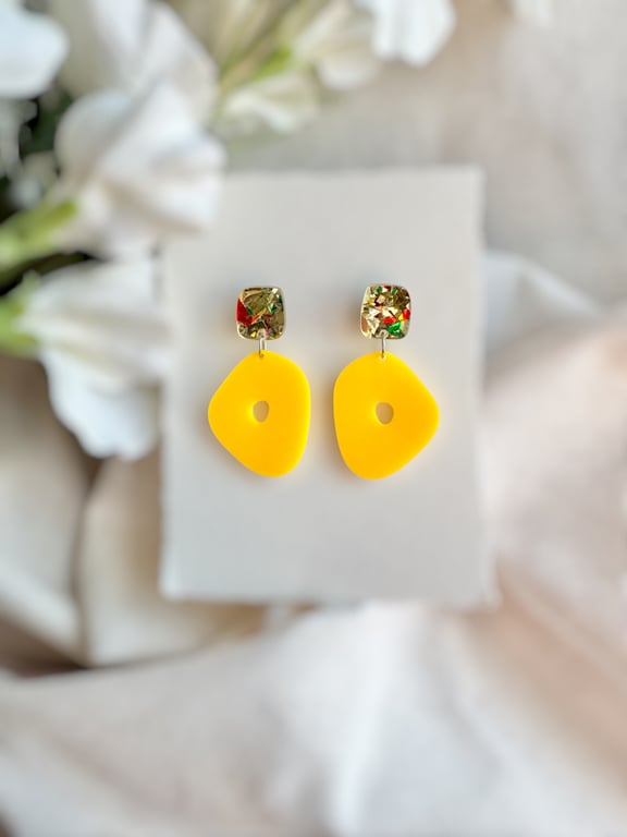 Bright Yellow Acrylic and Glitter Confetti Earrings