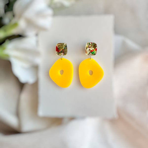 Bright Yellow Acrylic and Glitter Confetti Earrings