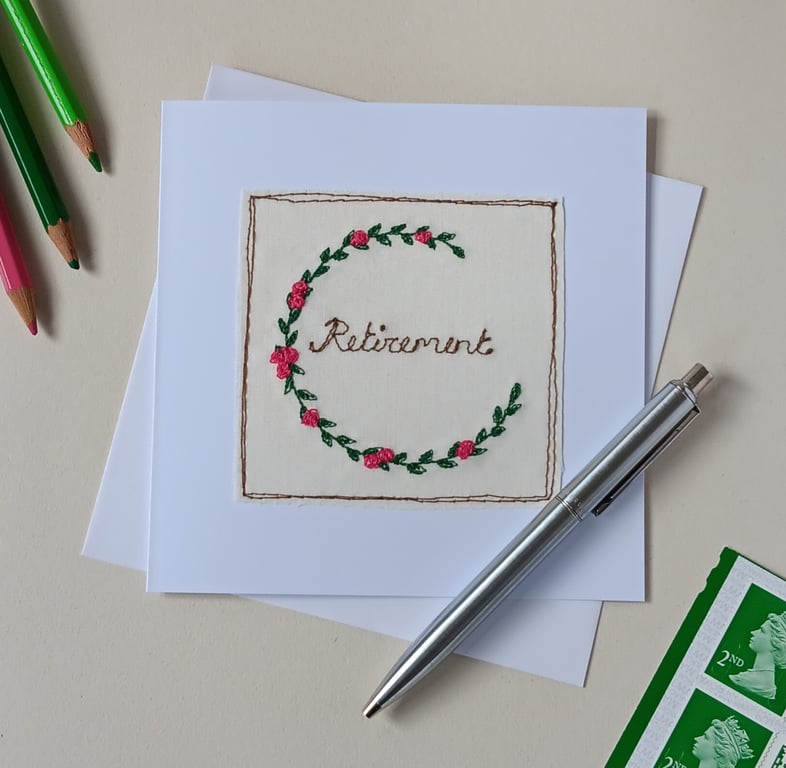 Retirement Card with Embroidered Flower Wreath