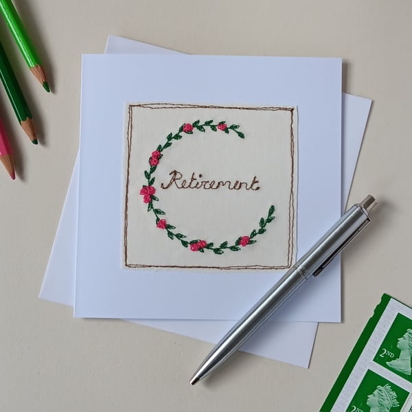 Retirement Card with Embroidered Flower Wreath