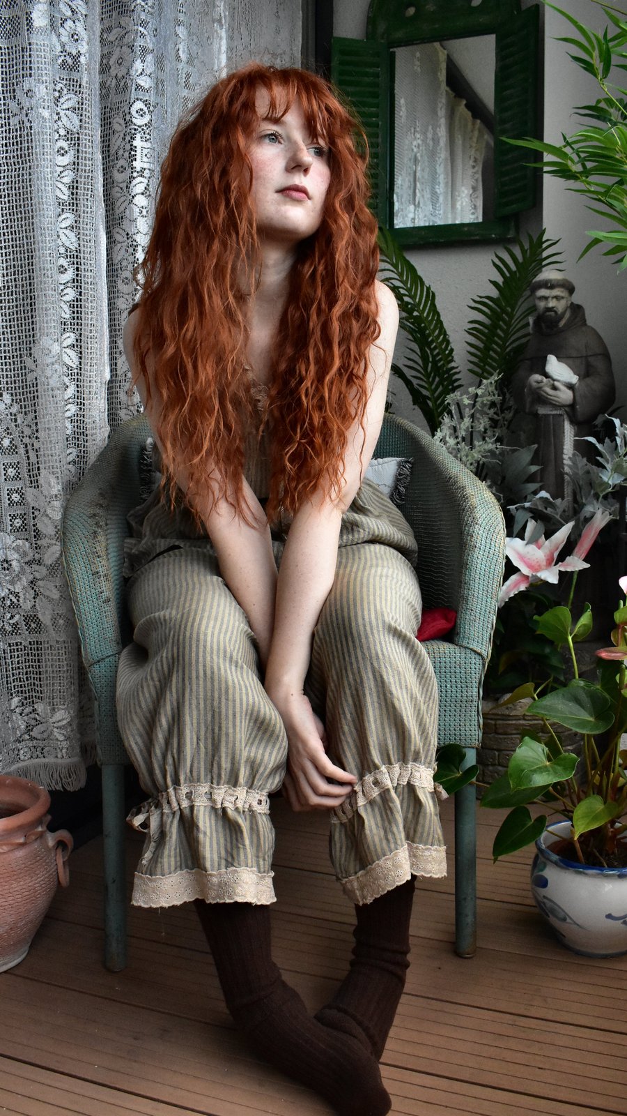 Edwardian Style Romantic Boho 'Zillah' Striped Linen Baggy Lace Bloomer Trousers