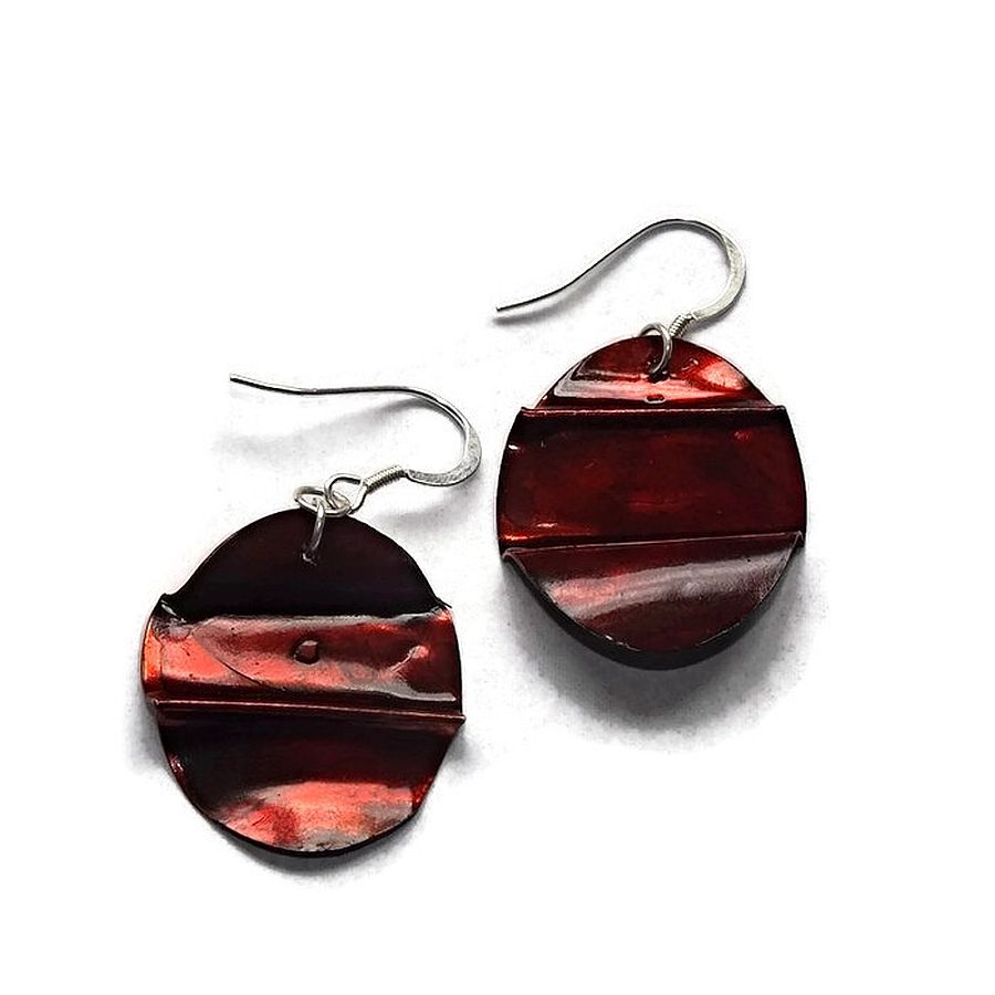 red, fold formed oval, copper earrings