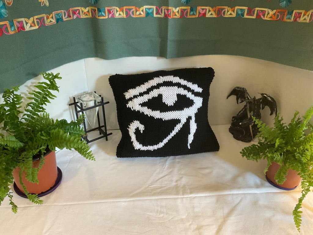 Hand Knitted Norse Pagan Symbol Cushion “The Eye of Ra” 14” x 14”