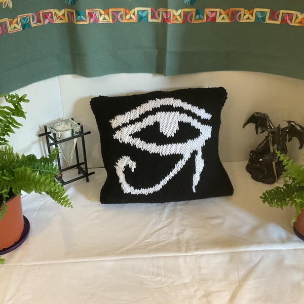 Hand Knitted Norse Pagan Symbol Cushion “The Eye of Ra” 14” x 14”