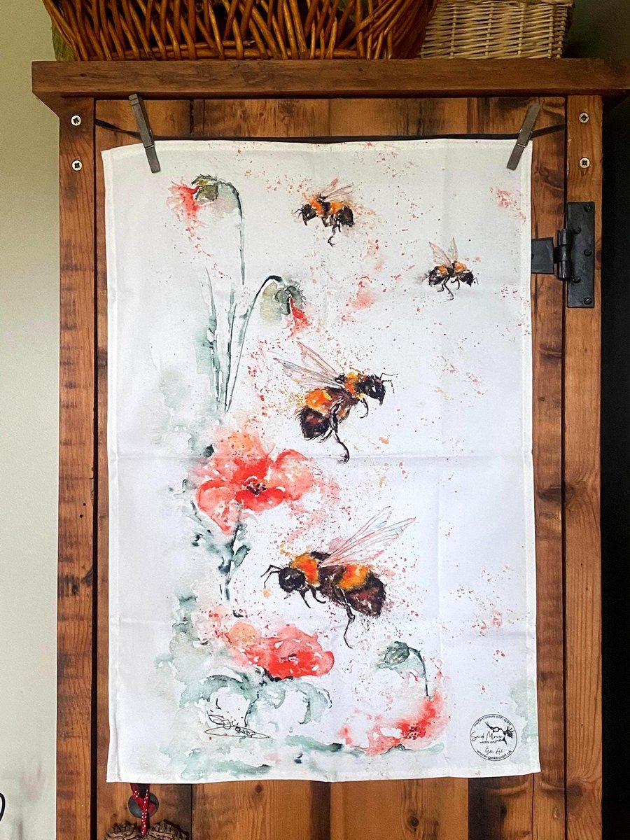 Bees & Poppies Tea Towel, Wildlife Art Tea Towel, 100% Cotton, Homeware, Textile