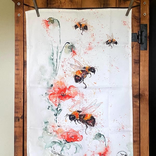 Bees & Poppies Tea Towel, Wildlife Art Tea Towel, 100% Cotton, Homeware, Textile