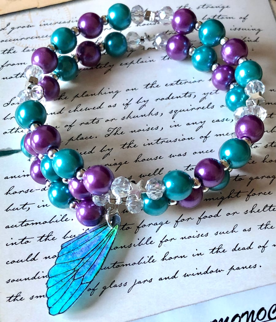 Purple and Blue Pearl Beaded Fairy Wing Wrap Bracelet