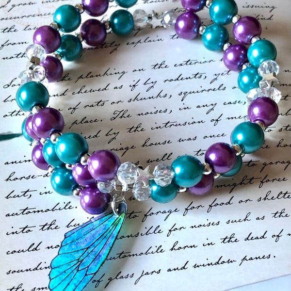 Purple and Blue Pearl Beaded Fairy Wing Wrap Bracelet