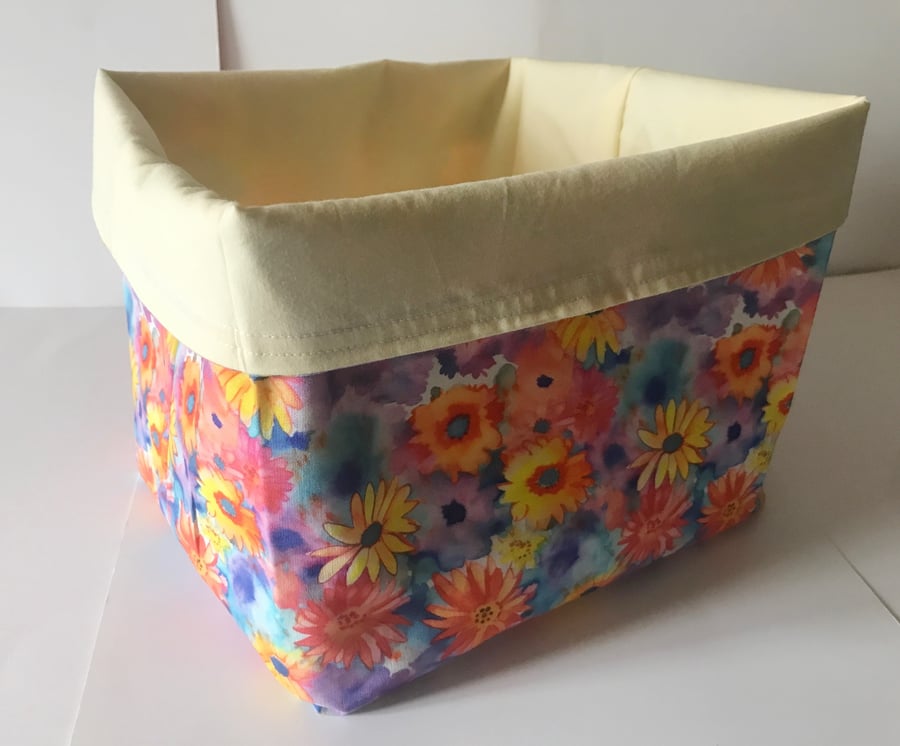 Fabric Storage Box Yellow Floral Cotton Reusable Storage Caddy