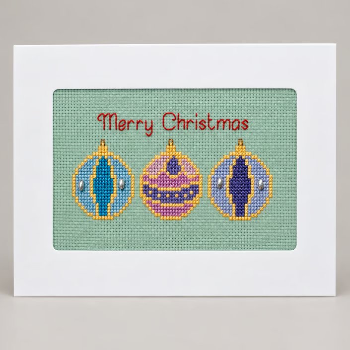 Handmade Cross-Stitch Christmas Card – Colourful Bauble Trio