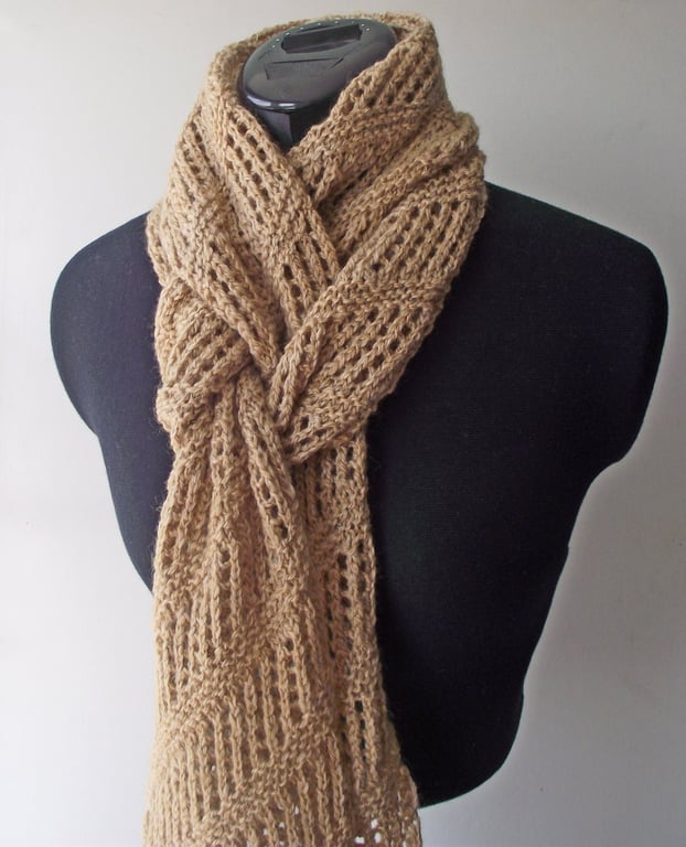 Handspun Knitted Scarf, Diagonal, Merino, Bamboo & linen