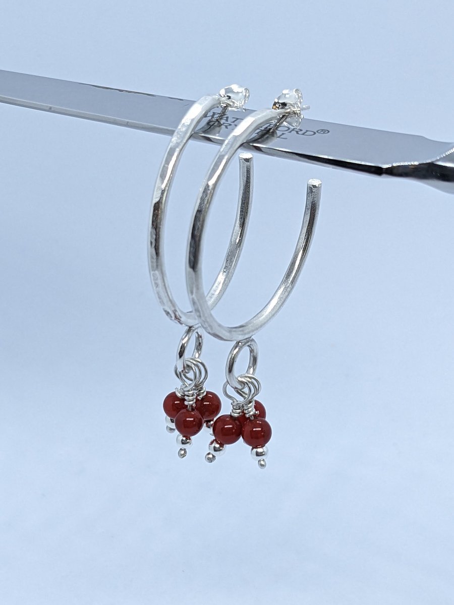 Sterling silver hammered half hoop earrings with beads, Handmade silver earrings