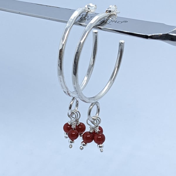 Sterling silver hammered half hoop earrings with beads, Handmade silver earrings