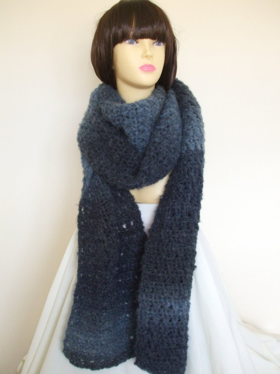 Hand Crocheted Long scarf in Blue