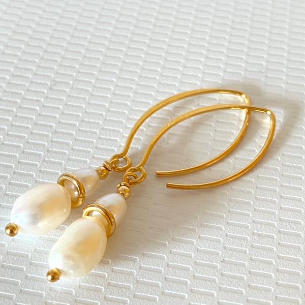 Yellow Gold Pearl Sterling Silver Long Drop Earrings Handmade in England