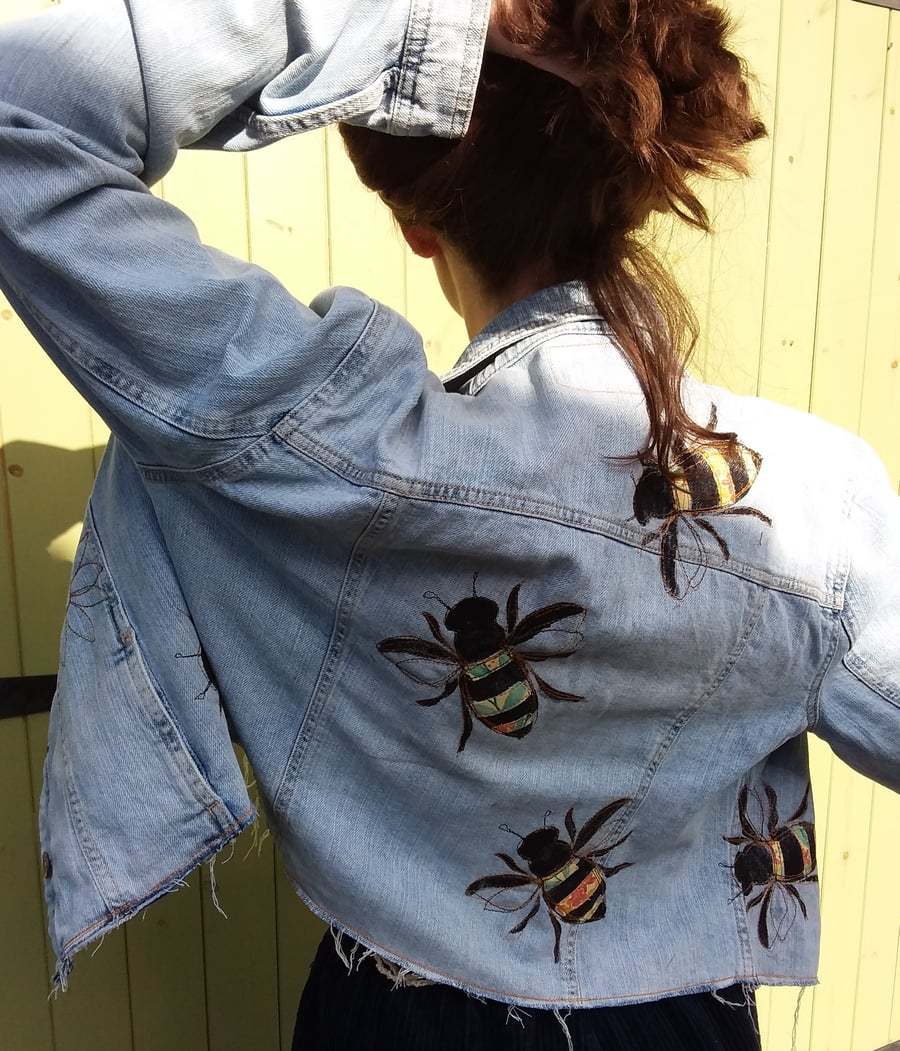Upcycled light denim jacket with bees