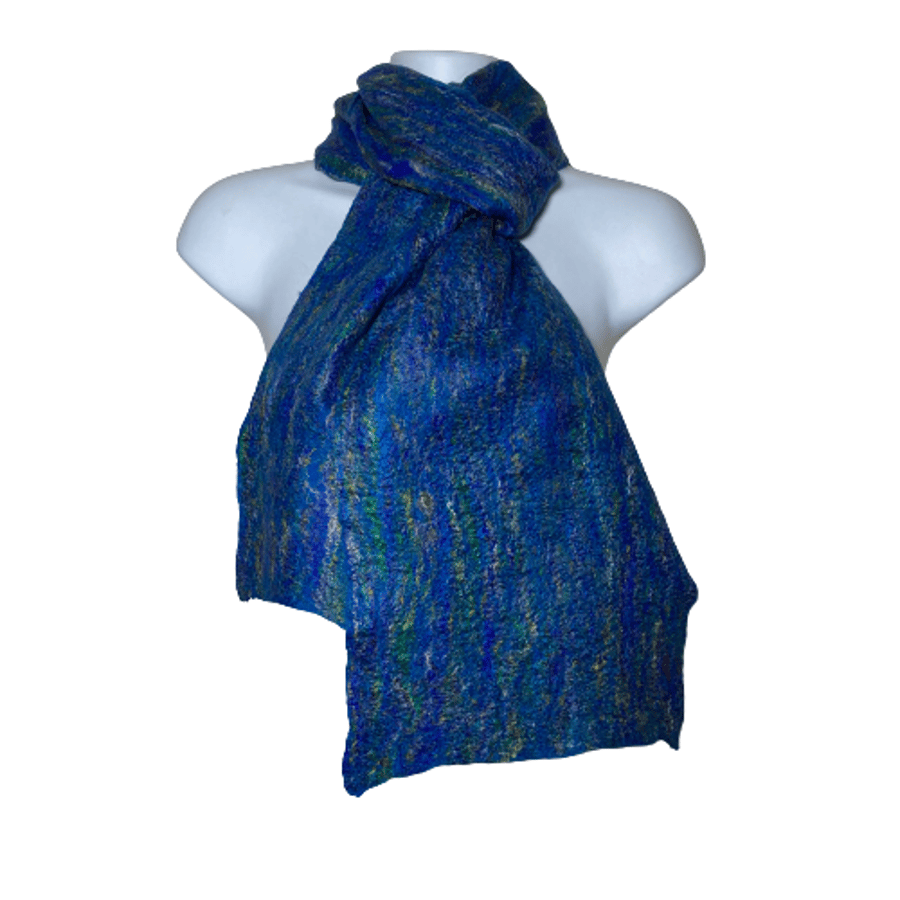 Merino wool and silk felted scarf in blue