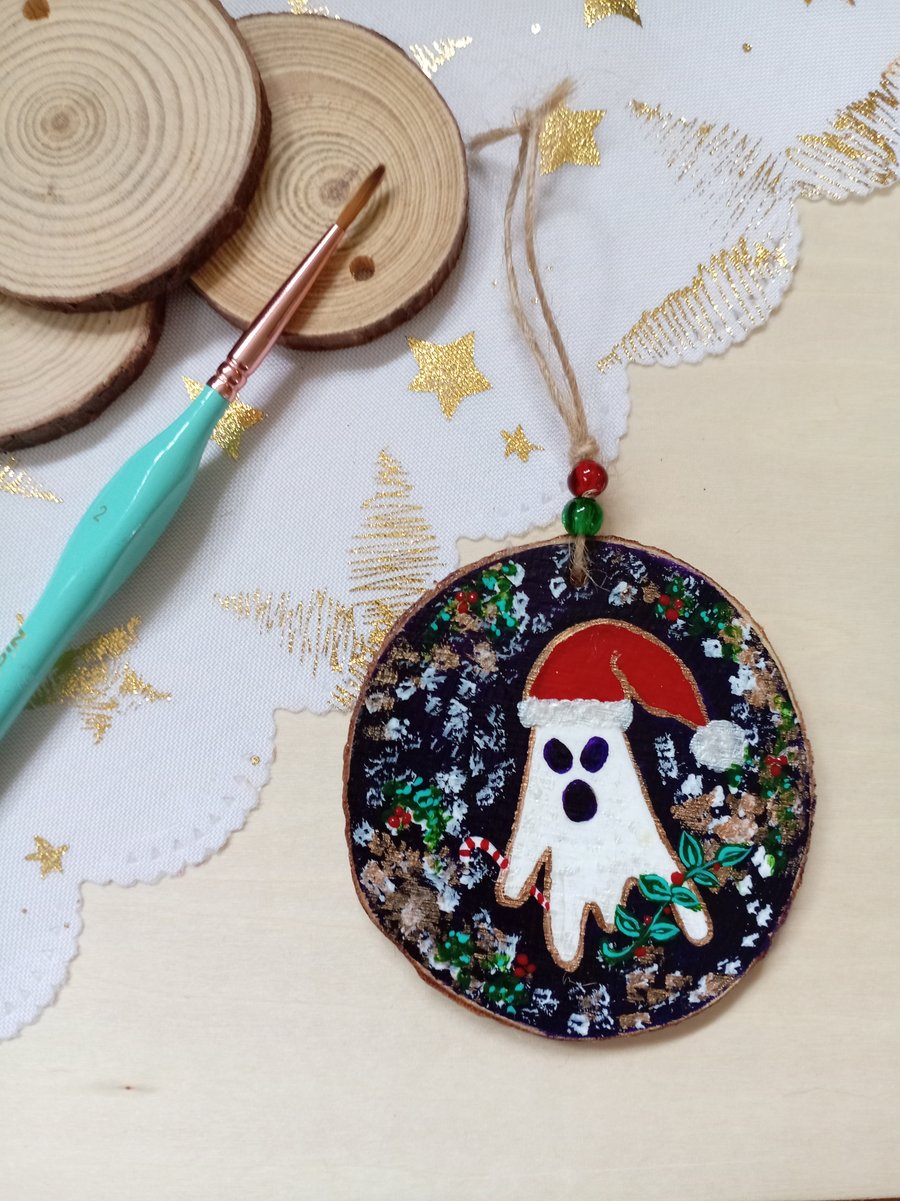 Christmas ghost hanging woodslice decoration 