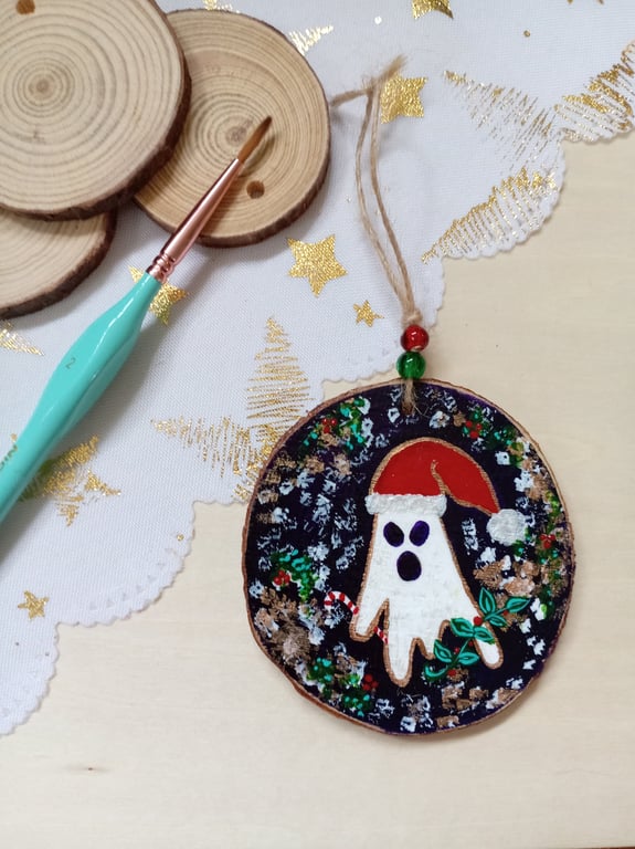 Christmas ghost hanging woodslice decoration 