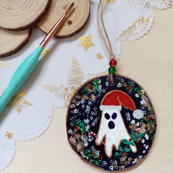 Christmas ghost hanging woodslice decoration 