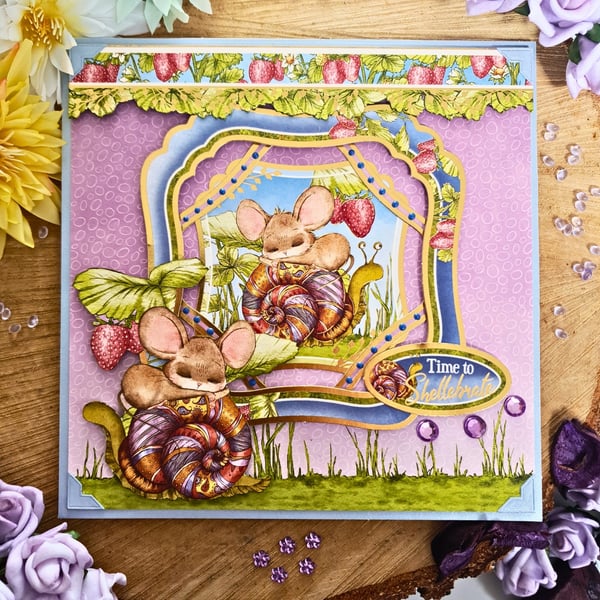 "Time To Shellebrate" card for many occasions, featuring a Mouse & Snail 