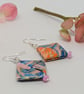   Japanese square paper earrings: Art Nouveau flowers mauve, blue and coral