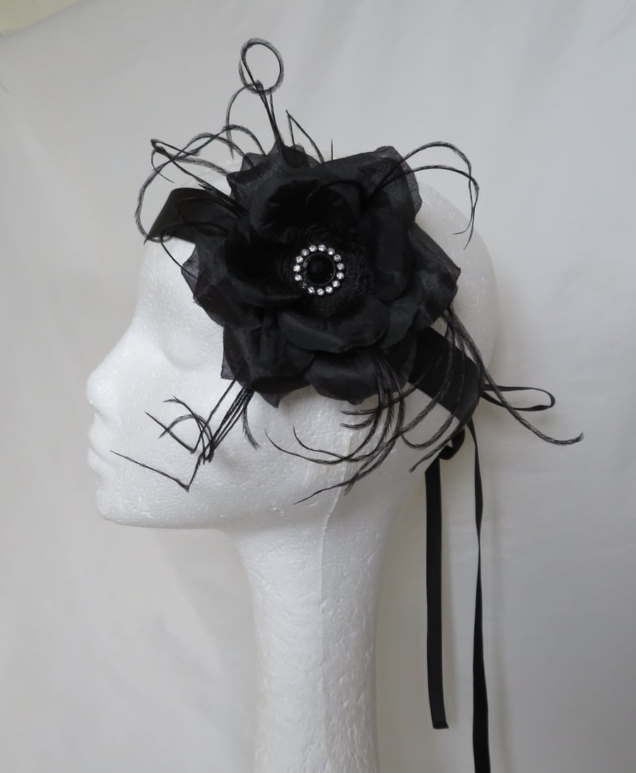 Black Rose Flower and Feather Crystal Vintage Style Flapper Headband