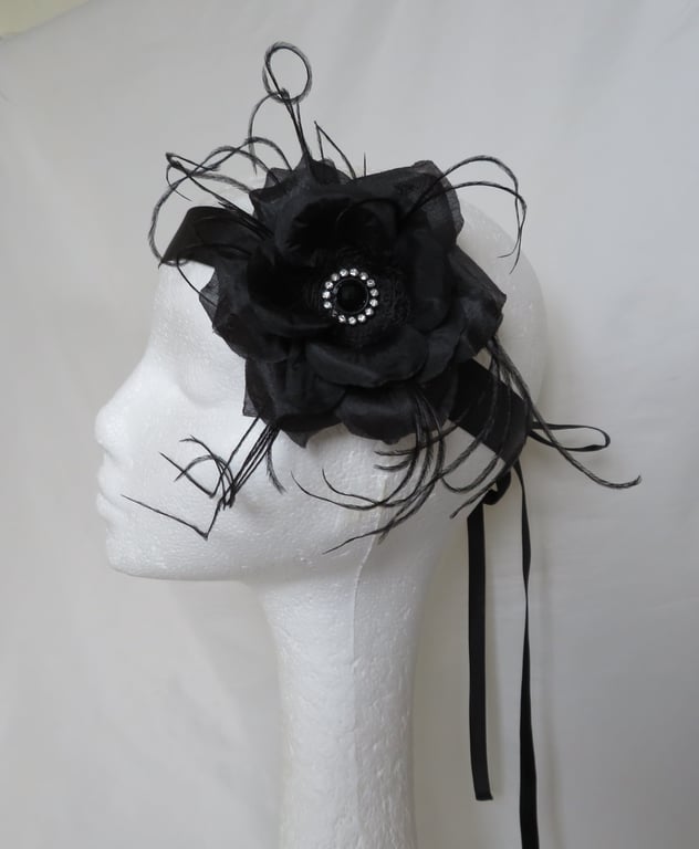 Black Rose Flower and Feather Crystal Vintage Style Flapper Headband