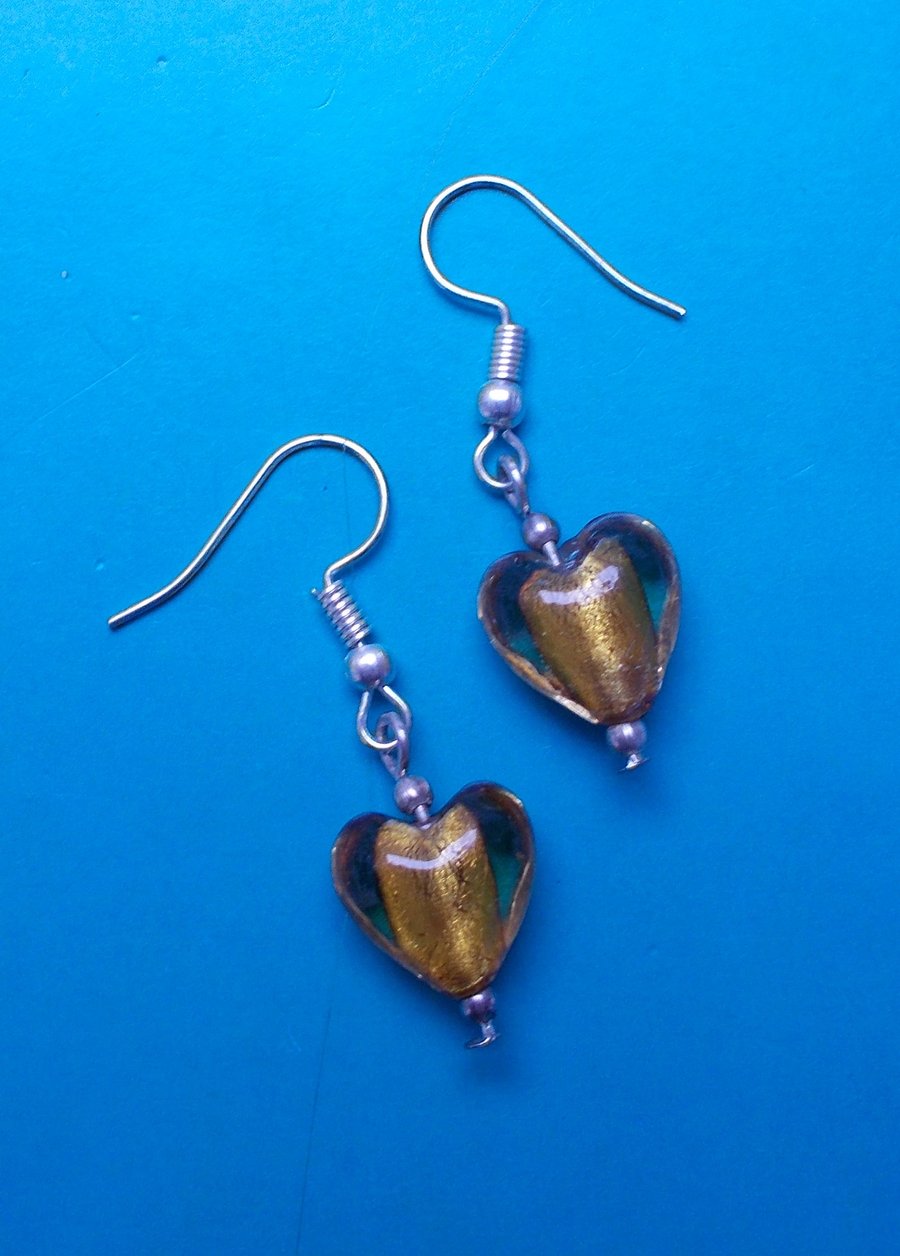 Glass Heart Earrings in Warm Amber