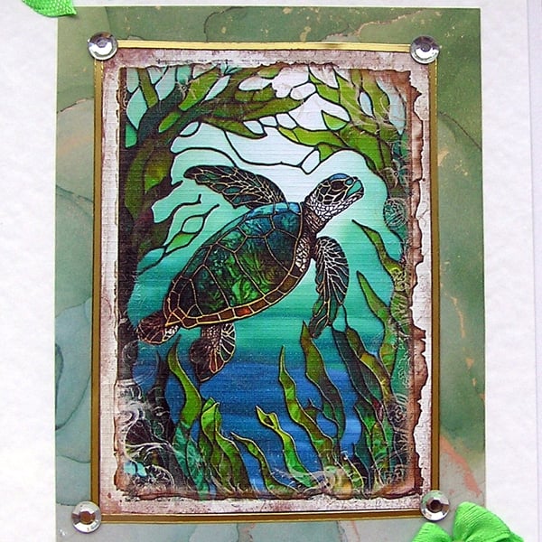 Sea Turtle Hand Crafted Decoupage Card - Blank for any Occasion (2611)
