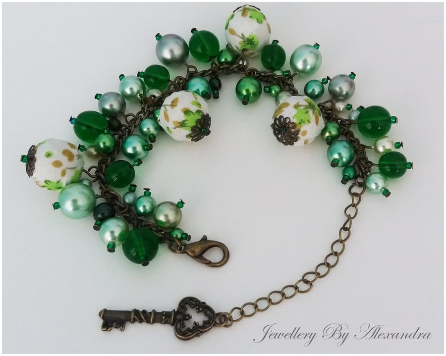 Cluster Bracelet-Green with Cotton Wrapped Beads and Key Charm