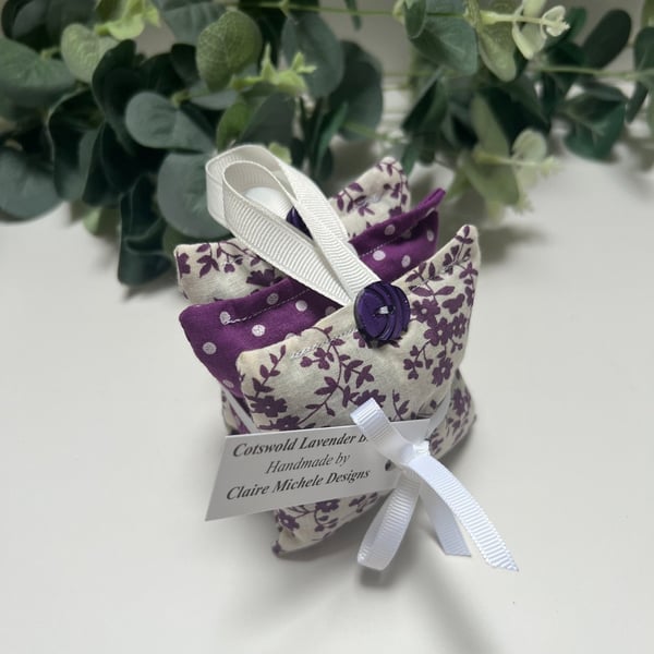 Lavender Sachets: Set of 3 in Purple Floral & Polka Dot Fabric, Handmade