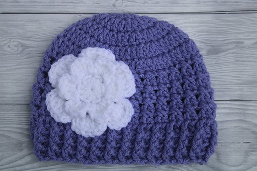 Baby Flower Beanie Hat, Lavender with White Flower, Sizes Newborn to 12 Months