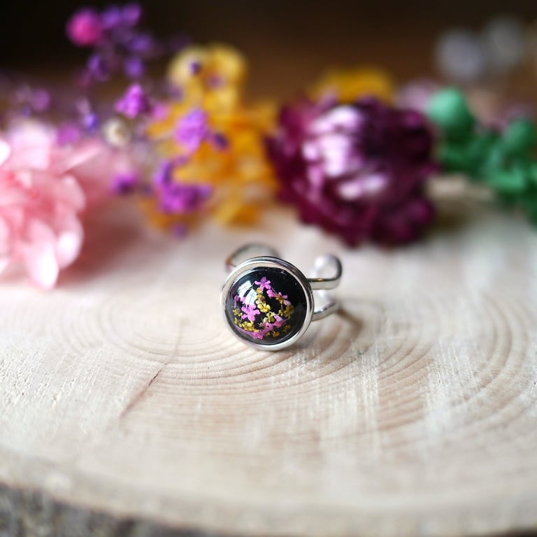 Silver Pink and Yellow Blossom Adjustable Hypoallergenic Ring