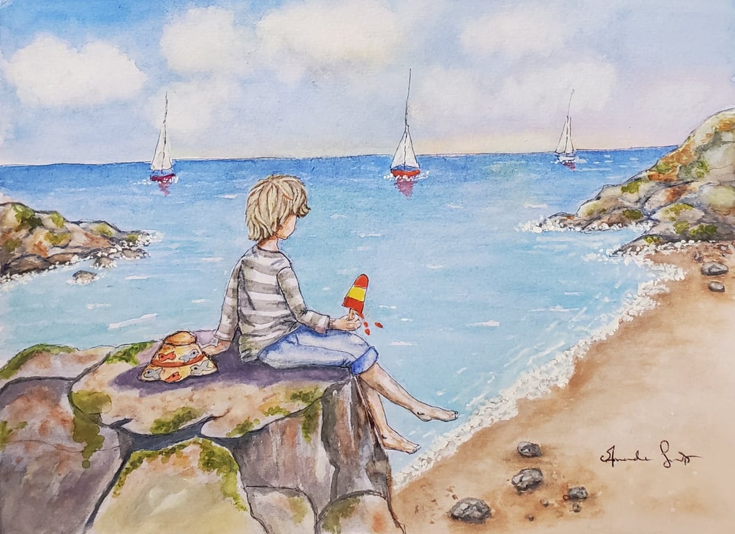 Watching The Boats go Sailing By - Nostalgic Coastal Seaside Print on 300gsm A4 