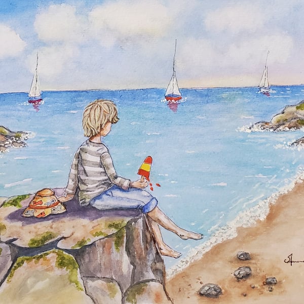 Watching The Boats go Sailing By - Nostalgic Coastal Seaside Print on 300gsm A4 