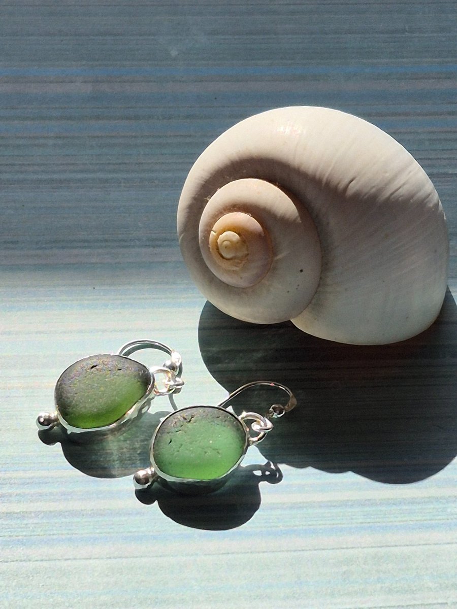 Olive Green Seaham Seaglass Dangling Earrings Sterling Silver 925