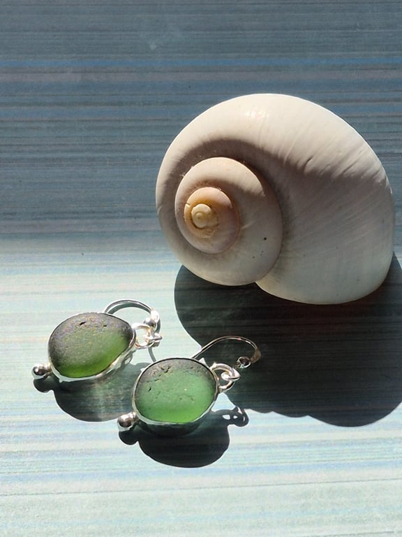 Olive Green Seaham Seaglass Dangling Earrings Sterling Silver 925