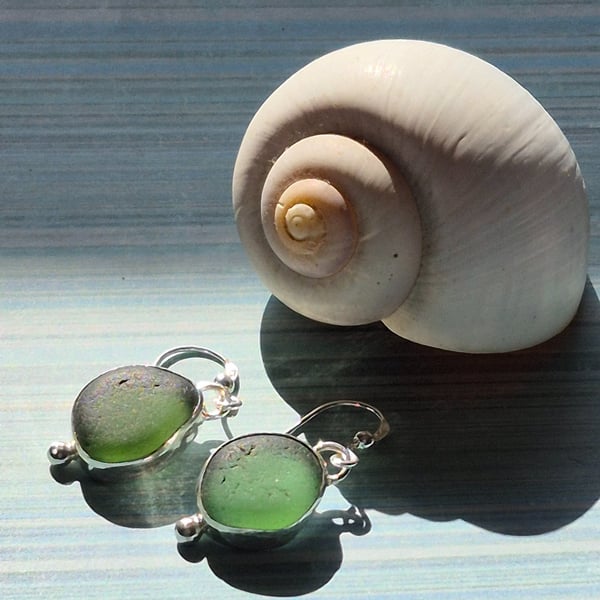 Olive Green Seaham Seaglass Dangling Earrings Sterling Silver 925