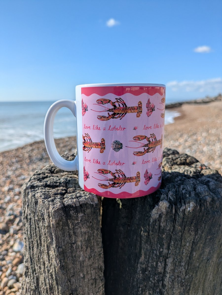 Love Like a Lobster Mug – Hand painted Coastal Design, Trendy Lobster Love Gift 