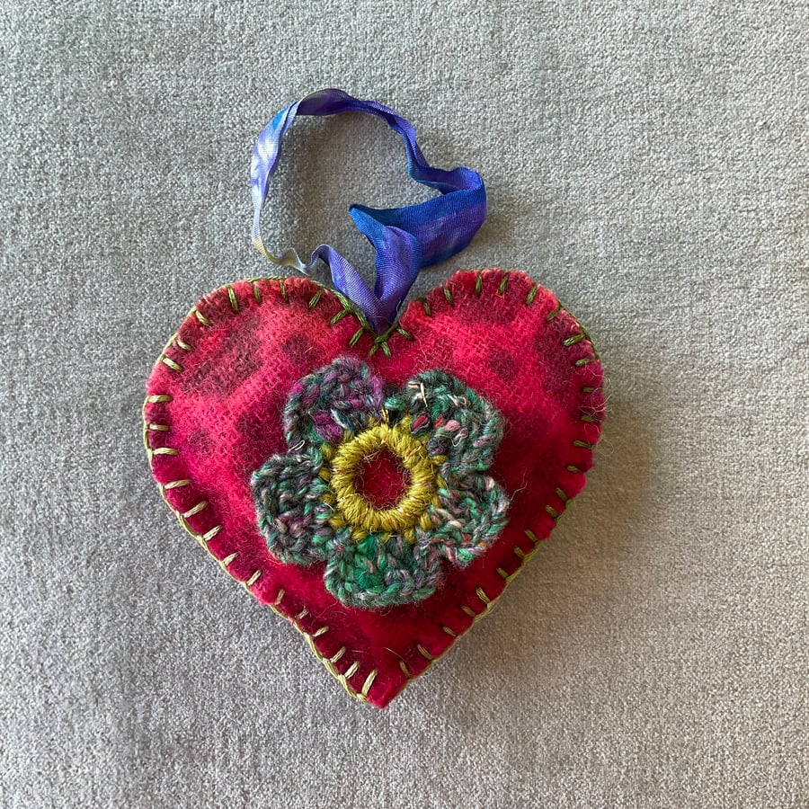 Luxury fabric heart decoration - deep pink, crocheted flower