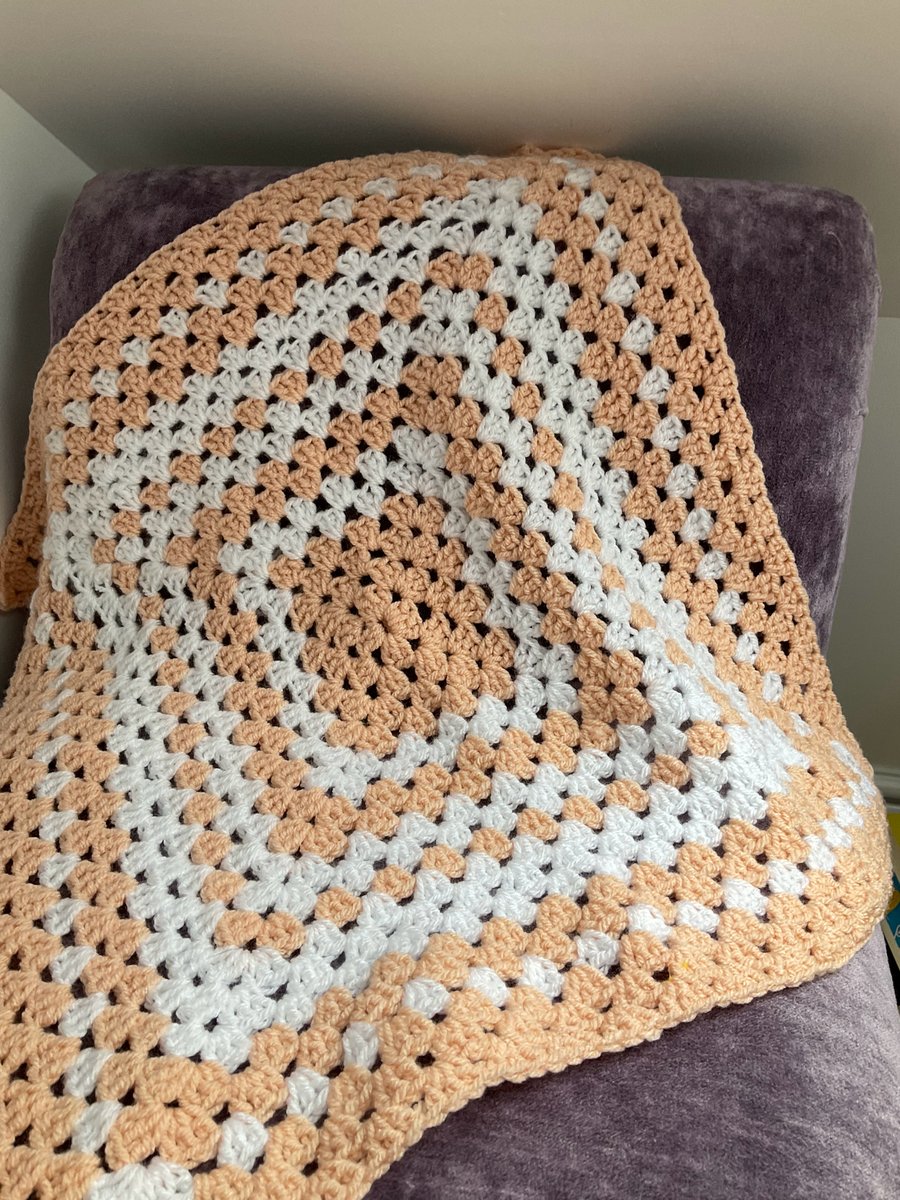 Crochet Blanket Granny square Pastel Peach & White 
