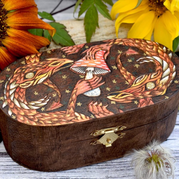 Pyrography toadstool dragon box. Rustic oval wooden felt lined chest.