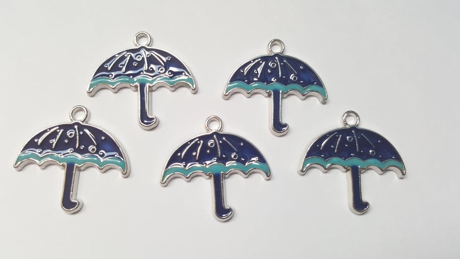 5 x Enamel Silver Plated Pendants - Umbrella - 28mm - Blue 