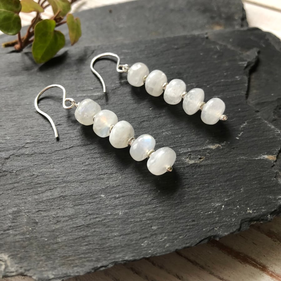 Natural Moonstone & Sterling Silver Dangle Earrings. Bohemian Earrings