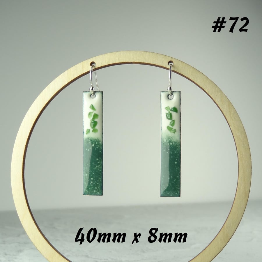 Green-cream long rectangle glass enamelled copper drop earrings 40x8mm