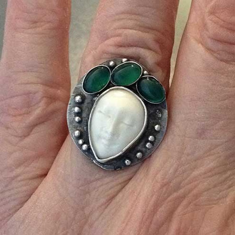 Silver  and Green Calcedony Temple Dancer ring