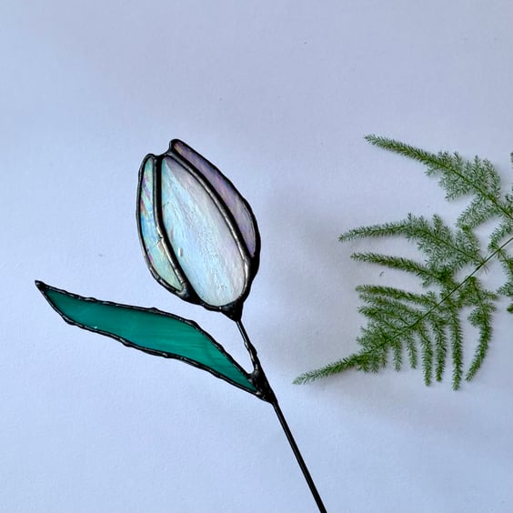 Single iridescent white stained glass tulip stem, easter gift, spring decor