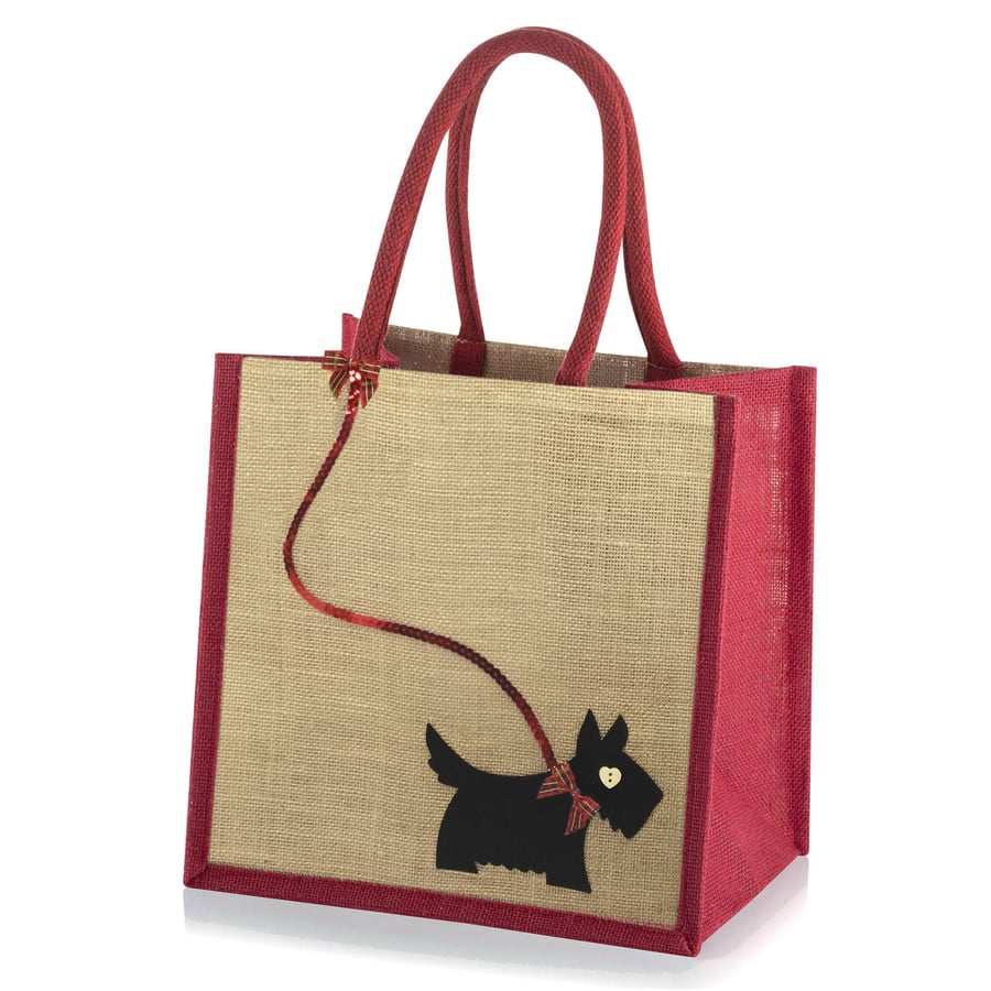 Medium Jute Hessian Red Trim Shopping Bag Decorated with a Black Scottie Dog